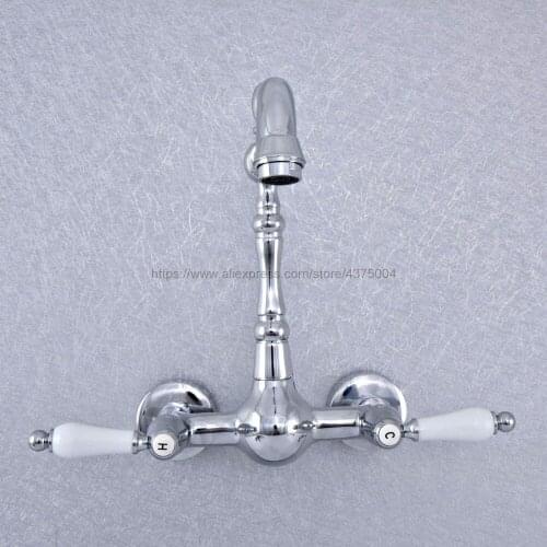 Bathroom Polished Chrome Wall Mounted Type Basin Wash Of Cold Hot Water Double Style Faucet Round Base Nsf547