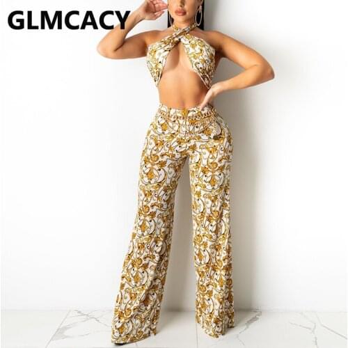 Two Piece Sexy Beach Suits Halter Backless Crop Top & Vintage Loose Pants Set