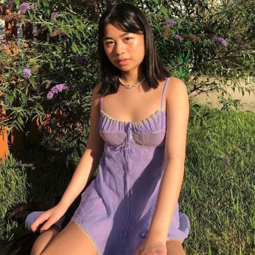 Lace Edge Sweet Cute Party Dresses Vacation Lace Up Loose Purple Patchwork Spaghetti Strap Clothing for Womens