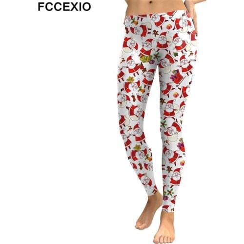 FCCEXIO Cute Christmas Leggings Women New Year Fitness Pants Fashion 3d Print Sexy Slim Leggings Elastic Workout Xmas Legins
