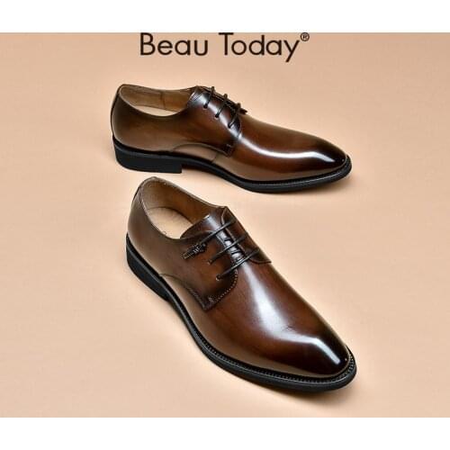 BeauToday Derby Shoes Men Genuine Cow Leather Dress Shoes Lace-Up Pointed Toe Formal Business Suit Wedding Flats Handmade 51046