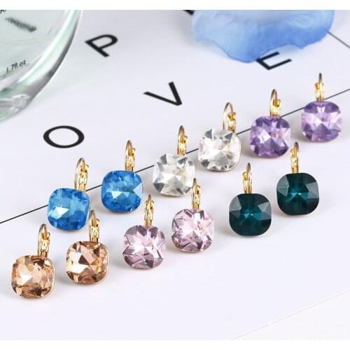 Fashion Simple Austrian Blue Crystal Dangle Earrings Women Gold Color Square Shaped Shinning Drop Earrings Female Jewelry