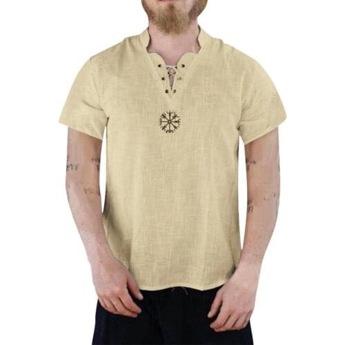 60%HOTSummer mens casual solid color bandage V-neck short-sleeved embroidered cotton and linen shirt mens loose collar button
