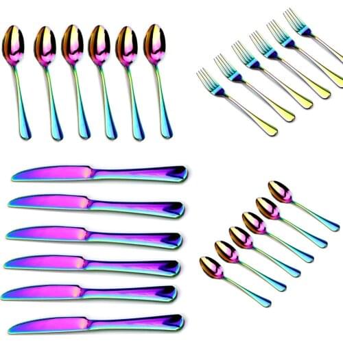 6Pcs/set Rainbow Tableware Stainless Steel Cutlery set Knife Fork Scoops Dinnerware Set Dinner Set Kitchen Accessories