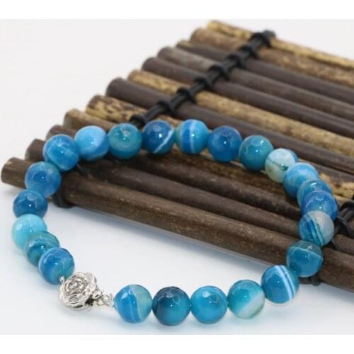 Natural stone 8mm blue bracelets veins agat onyx carnelian faceted round beads strand flower clasp jewelry 8inch B2713