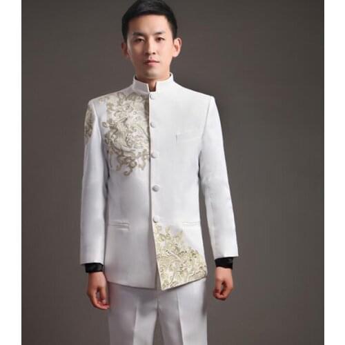 New arrival slim men suit set with pants mens embroidery suits wedding chinese tunic suit mens groom formal dress suit + pant