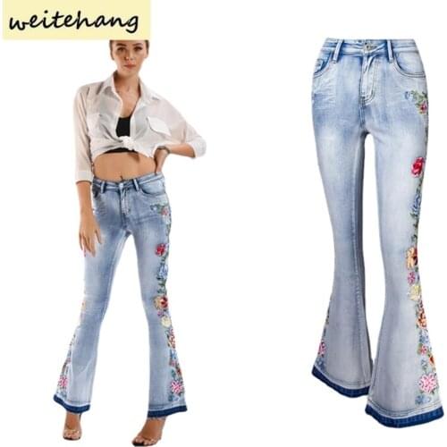Spring New Horn Jeans Women 3D Embroidery Women Jeans Trousers Flared Pants Plus Size Womens Trousers Fashion Sexy Long Pants