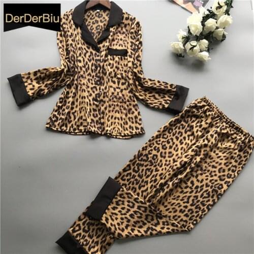 New Sexy Leopard Print Pajama Set Real Silk Satin Breathable Sleepwear Long Sleeve Pijama Mujer Comfortable Womens Home Clothes