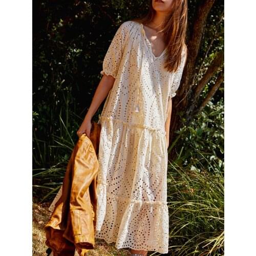 Jastie Dreamy Eyelet Lace Gown Dress Women V-neck Puff Sleeve Boho Dresses Ruffle Hem Hippie Chic Maxi Dress Long Beach Vestidos