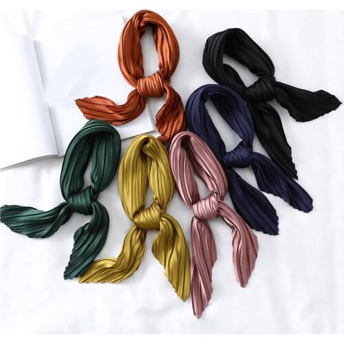 Small Square Scarf Women Fashion Satin Neckerchief Female Solid Color Neck Scarves Pleated Kerchief Bandana Shawl Hair Tie Band