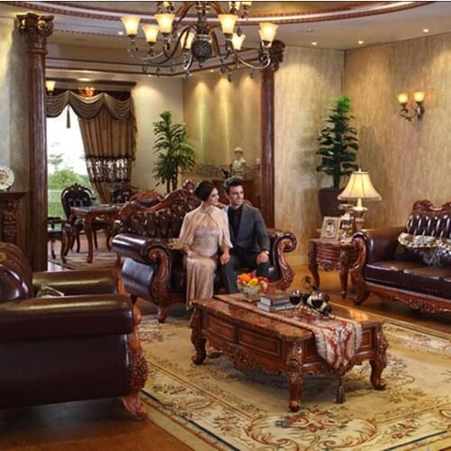 All Solid Wood Sofa European Leather Sofa American First Layer Leather Sofa Combination Solid Wood Carved Living Room