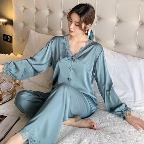 Casual Pajamas Women Sleepwear Satin Two Piece Set Lace Shirt&Pants Sexy Button-Down Loungewear Comfy Pyjamas PJS Suit