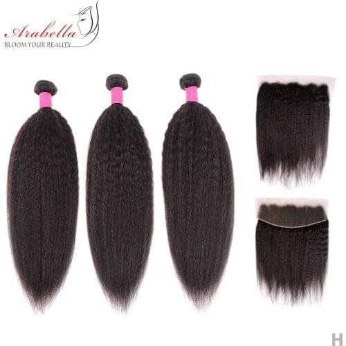 Kinky Straight Hair Bundles With Lace Frontal Arabella Remy Hair Pre Plucked Bleached Knots 13*4 Lace Frontal With Hair Bundles
