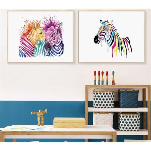 Multicoloured Zebra Abstract Canvas Painting Animal Wall Art Print Pictures Baby Cartoon Poster Nordic Living Room Home Decor