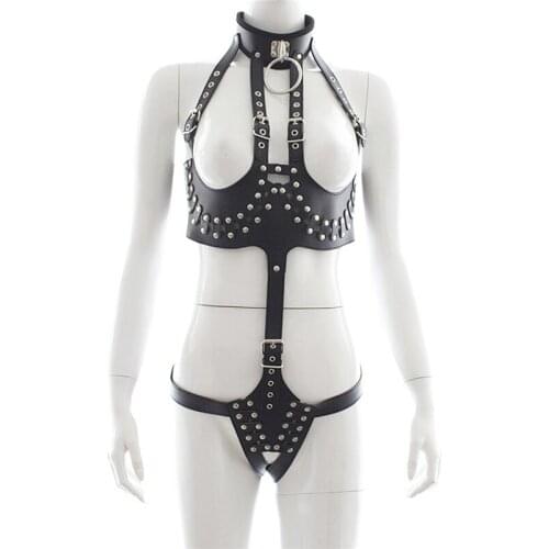 Adjustable Open Crotch Breast Fetish Bondage Restraint Bodysuit Sexy Lingerie for Women Jumpsuit Erotic Lingeries Faux Leather