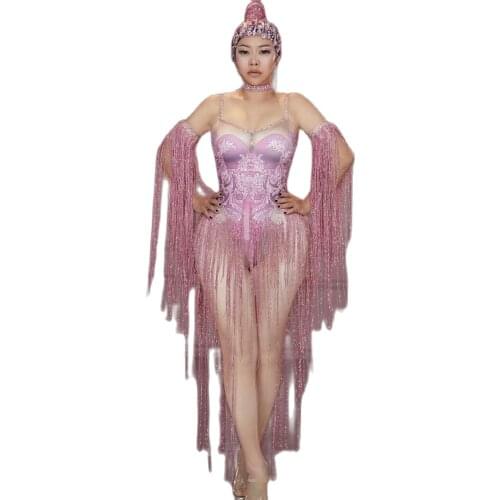 Pink Tassel Jumpsuit Women Crystal Rhinestone Bodysuit Birthday Party Outfit Perform Dance Team Costume Stage Show Rompers