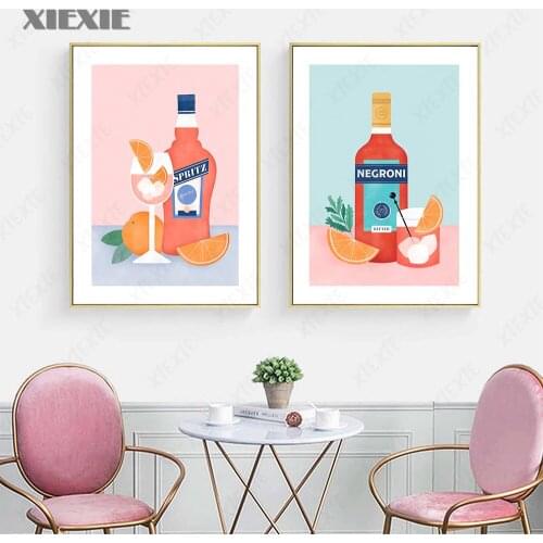 Nordic Cartoon Pink Cocktail Poster Fruits Juice Wine Drinks Canvas Painting Wall Art Pictures for Living Room Kitchen Decor