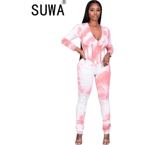 Pink Yellow Printed Track Suit Women Two Piece Outfits Zipper Long Sleeve Jacket Top And High Waisted Pants Lounge Wear