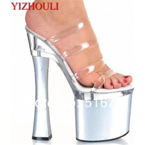 Square root 18 cm super high heels, transparent thin belt slippers, sexy womens stage dancing shoes