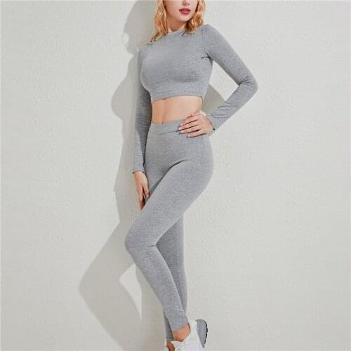 Spring Women Sport Fitness 2 Two Piece Set Outfits Long Sleeve Crop Tops Tshirt Leggings Pants Set Bodycon Tracksuit