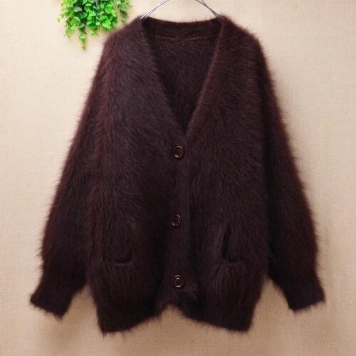 Ladies women fashion hairy plush mink cashmere knitted long sleeves v-neck loose cardigans mantle angora fur jacket coat sweater
