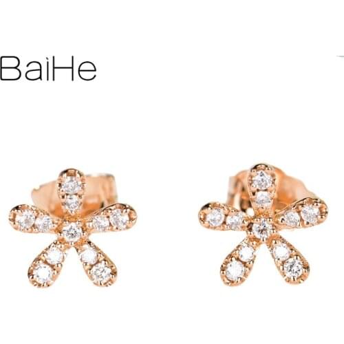 BAIHE Genuine Solid 14K Rose Gold 0.16CT H/SI Sparkling Diamond Earrings Beautiful Fresh Floret Ear серьги сережки Trendy