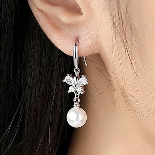 Pearl & zircon diamond drop dangle earrings pendientes for women femme white gold silver color cute bowknot jewelry bijoux gift