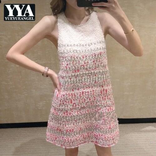 Spring Summer New Brand Ladies Bright Silk Gradient Dresses Sleeveless O-Neck Pullover Loose Womens Knitted A-Line Vests Dresses