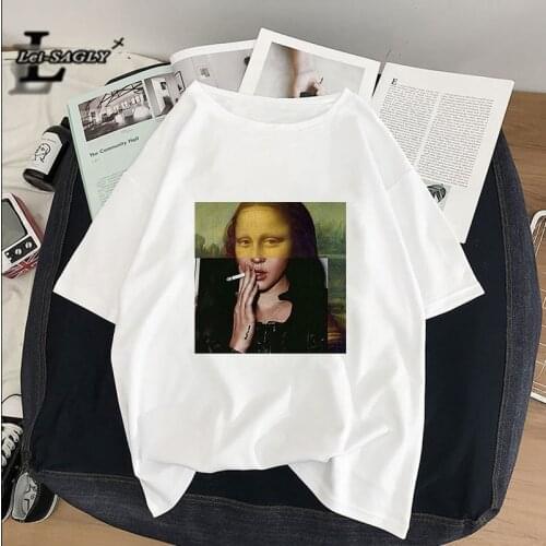 2021 Summer Womens T-shirt Mona Lisa Smoking Funny Print Ladies T-shirt Art Oil Painting Harajuku Retro Ulzzang Oversized Tee