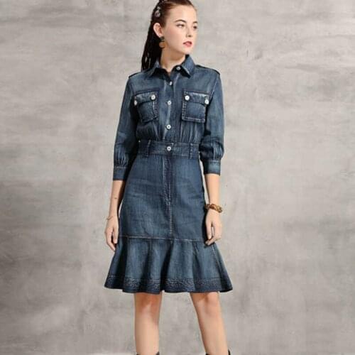 Free Shipping 2020 Denim Dresses Women Half Sleeve S-XL Vintage Dress Turn Down Collar Dress Mermaid Style Knee Length Fish Tail