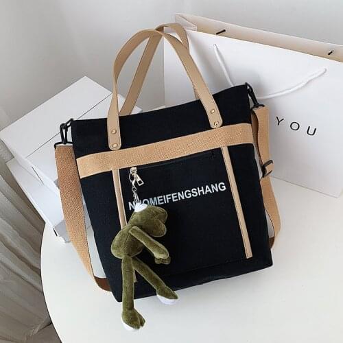 PURFAY Canvas Capacity Women Shoulder Bag Cotton Tote Shopper Bag Eco Reusable Travelling bag Cloth Messenger Bag Black/White