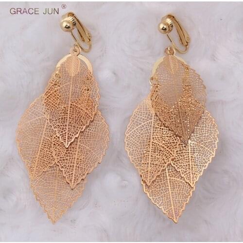 GRACE JUN Korea Style Gold Color Copper Material Leaf Shape Clip on Earrings Without Pierced Elegant Cuff Ear Clip Anti-allergy
