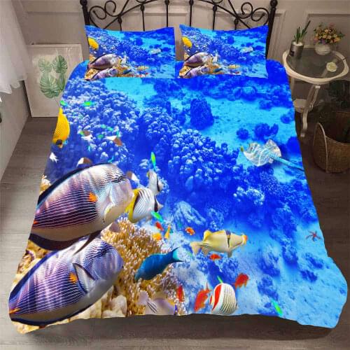 Fanaijia 3d Underwater World Bedding Sets Double Size blue Duvet Cover and Pillowcase cartoon Comforter Set