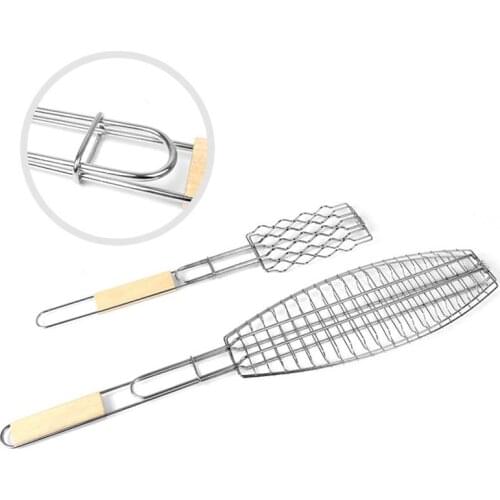 1PCS Portable Grill Basket Wood Handle Stainless Steel Removable Barbecue Basket BBQ Basket Outdoor Barbecue Net Tool