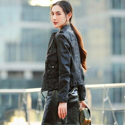 Genuine Black Autumn Women Real Sheepskin Short Motorcycle Leather Jacket Outerwear Plus Size 4XL