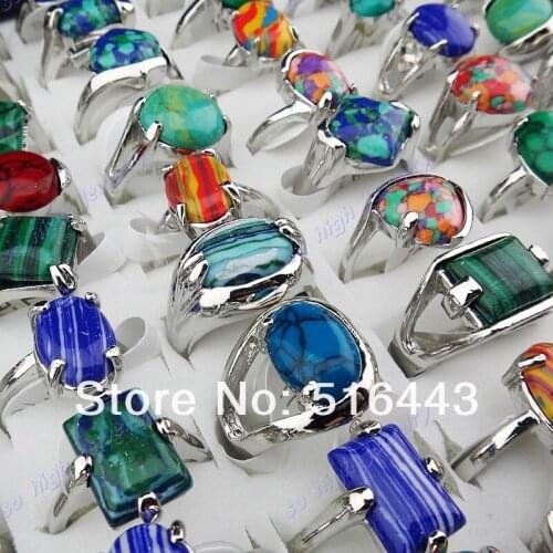 Hot Selling 10pcs Charms Vintage Mix Natural Malachite Stones Turquoise Silver P Womens Mens Rings Wholesale Jewelry Lots A-918