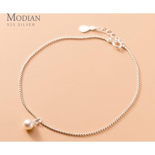 Modian Brands Simple Light Beads Pearl 100% Genuine 925 Sterling Silver Link Chain Anklet for Women Korea Style Fine Jewelry
