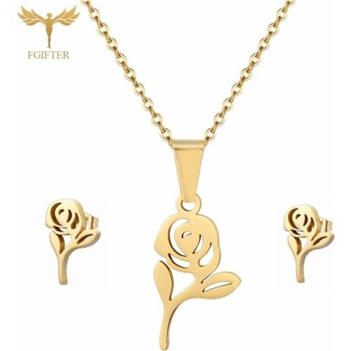 FGifter Cute Rose Flower Jewellery Set for Women Fine Hollow Design Golden Stainless Steel Earrings Pendant Necklace Woman Gift