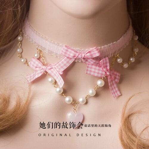 Pink Set Detailed Chain Collar Original Handmade Pearl Bow Cute Girl Girls Heart Japanese Choker