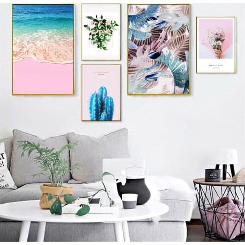 Pink Seascape Flower Nordic Canvas Painting Home Decor Wall Art Cactus Plant Leaves Girl Bedroom Living Room Print Backdrop DIY
