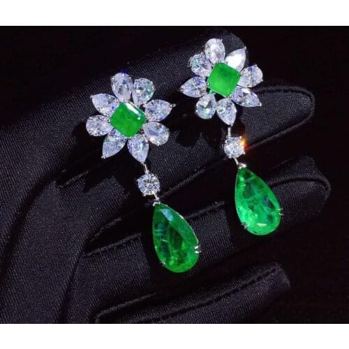 Green color 925 sterling silver with cubic zircon drop earring flower tear drop shape fine women jewelry for party 22*47MM