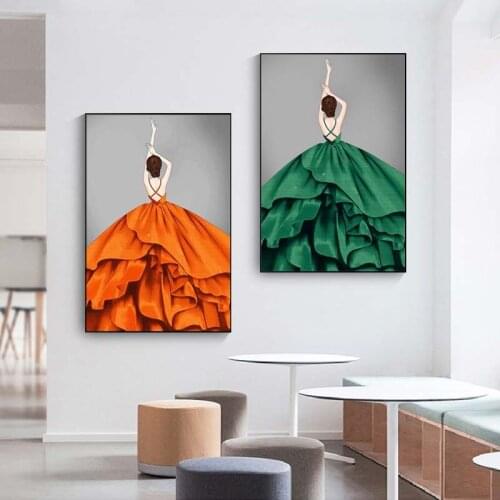Modern Elegant Orange Green Dress Woman Canvas Painting Nordic Dance Girls Posters and Prints Wall Art for Home Decor (No Frame)