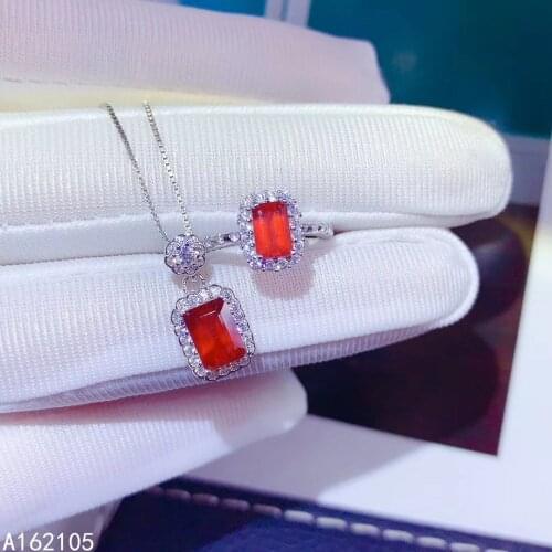 Fine jewelry 925 pure silver Chinese style natural ruby womens simple luxury rectangle gem pendant adjustable ring suit support