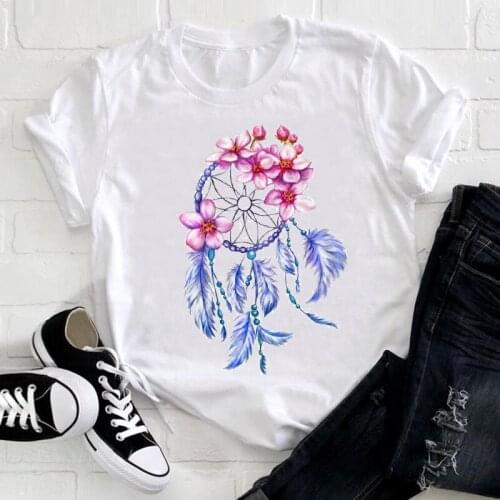 Women Clothing Floral Flower Feather Kawaii 90s Fashion Short Sleeve Summer Clothes Print Tshirt Female Tee Top Graphic T-shirt