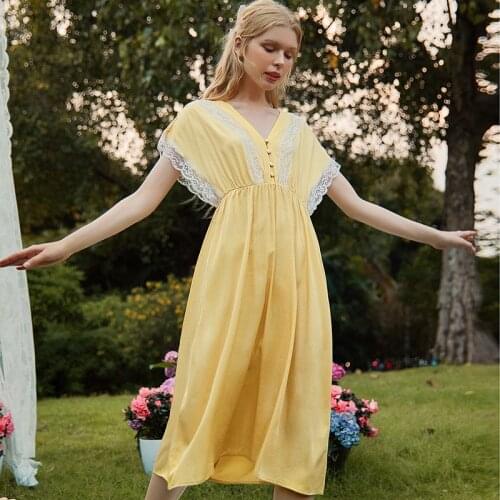 Wasteheart Yellow Purple Women Homewear Sexy Sleepwear Night Dress Long Lace V Neck Nightwear Nightgown Sleepwear Court Gown
