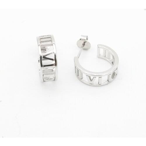 Womens S925 Sterling Silver Classic Round Gold Rose Gold Hollow Roman Numeral Digital Stud Earrings