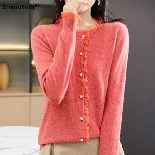 2021 Spring Autumn New Pearl Button Round Neck Wool Cardigan Sweater Womens Lace Edge Loose Fashion Base Shirt Knitted Top XXL