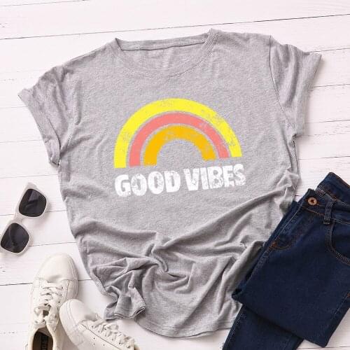100% Cotton Summer Woman T-Shirt Good Vibes Print Women Tshirt Plus Size 5XLoose Tops Letter Korean Rainbow Graphic Tees Shirts