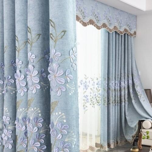 2021 Chinese Blue Chenille Embroidered Curtain Embroidered Curtain Finished Curtains for Living Dining Room Bedroom