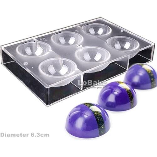 6 cavities 6.3cm diameter 3D half ball shape PC polycarbonate chocolate mold candy mould fondant mousse cake molds DIY baking